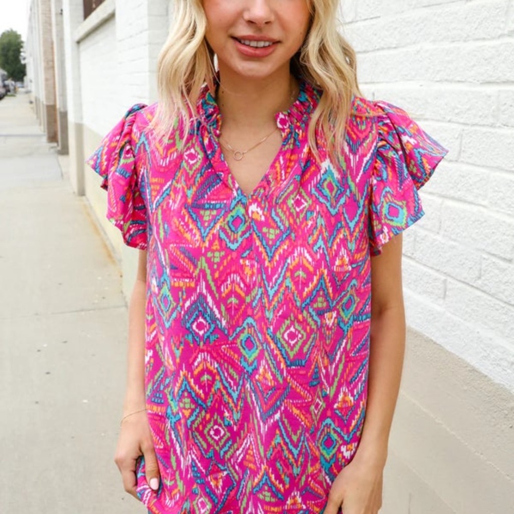 Bright Pink Printed Flutter Sleeve Top